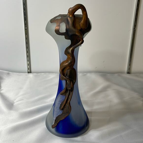 Handmade Blown Glass Vase Bulb Aqua Blue 3D MetalEngraved